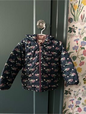 Patagonia Navy Kids Hooded Puffer Jacket with Pink & Cream Rainbow Print